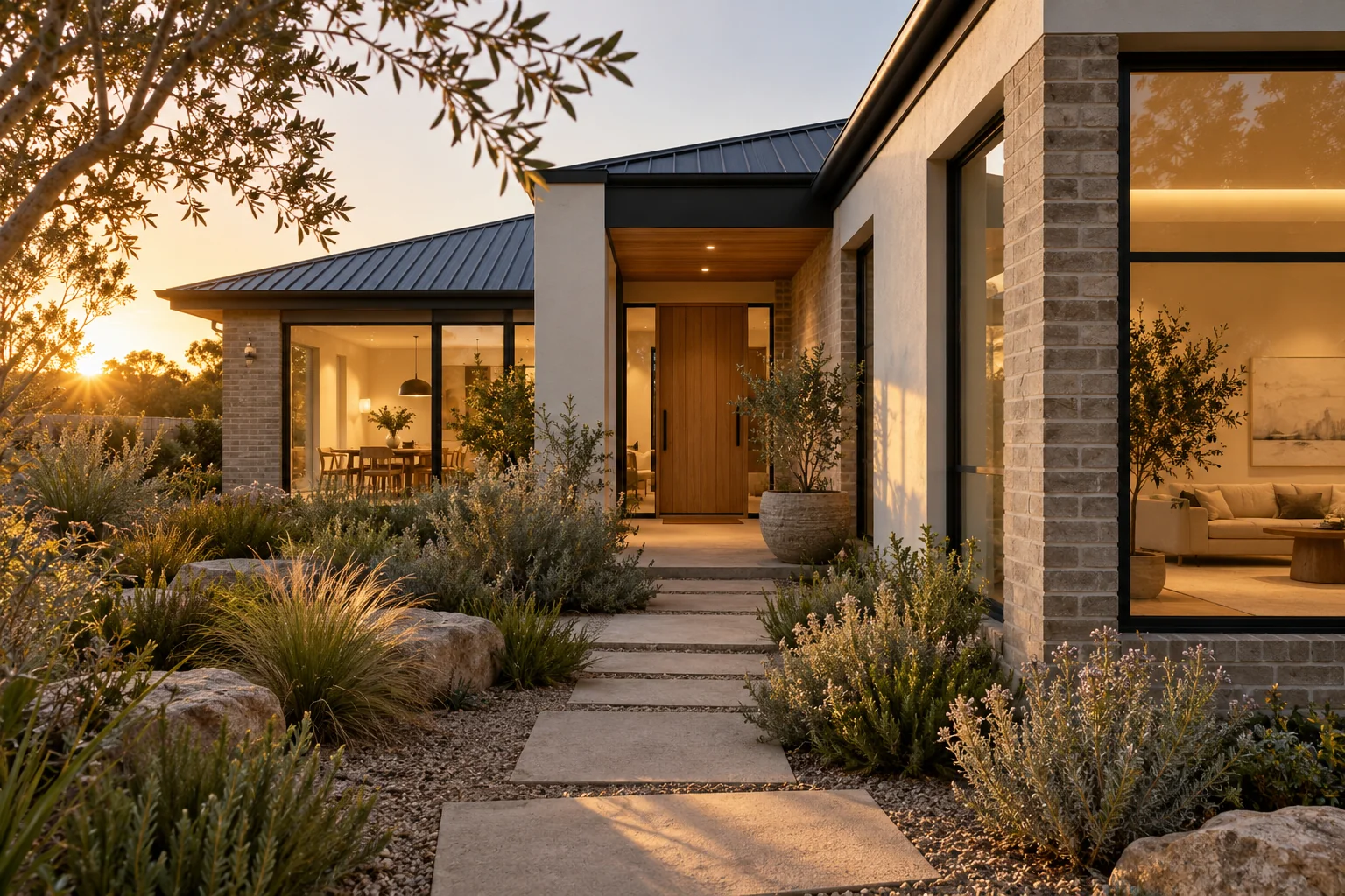 Simple forms, generous glazing and a sheltered entry.