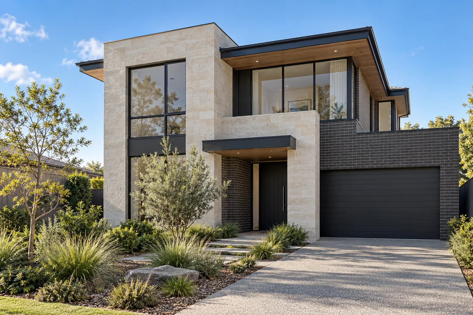 Stone, dark brick and planting create a calm arrival.